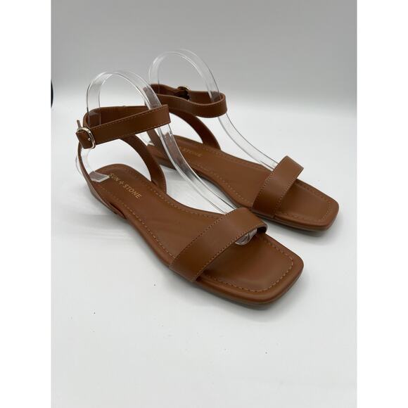 SUN STONE QUEBECC ANKLE-STRAP FLAT SANDAL COGNAC WOMENS SIZE 8.5M - Picture 3 of 9